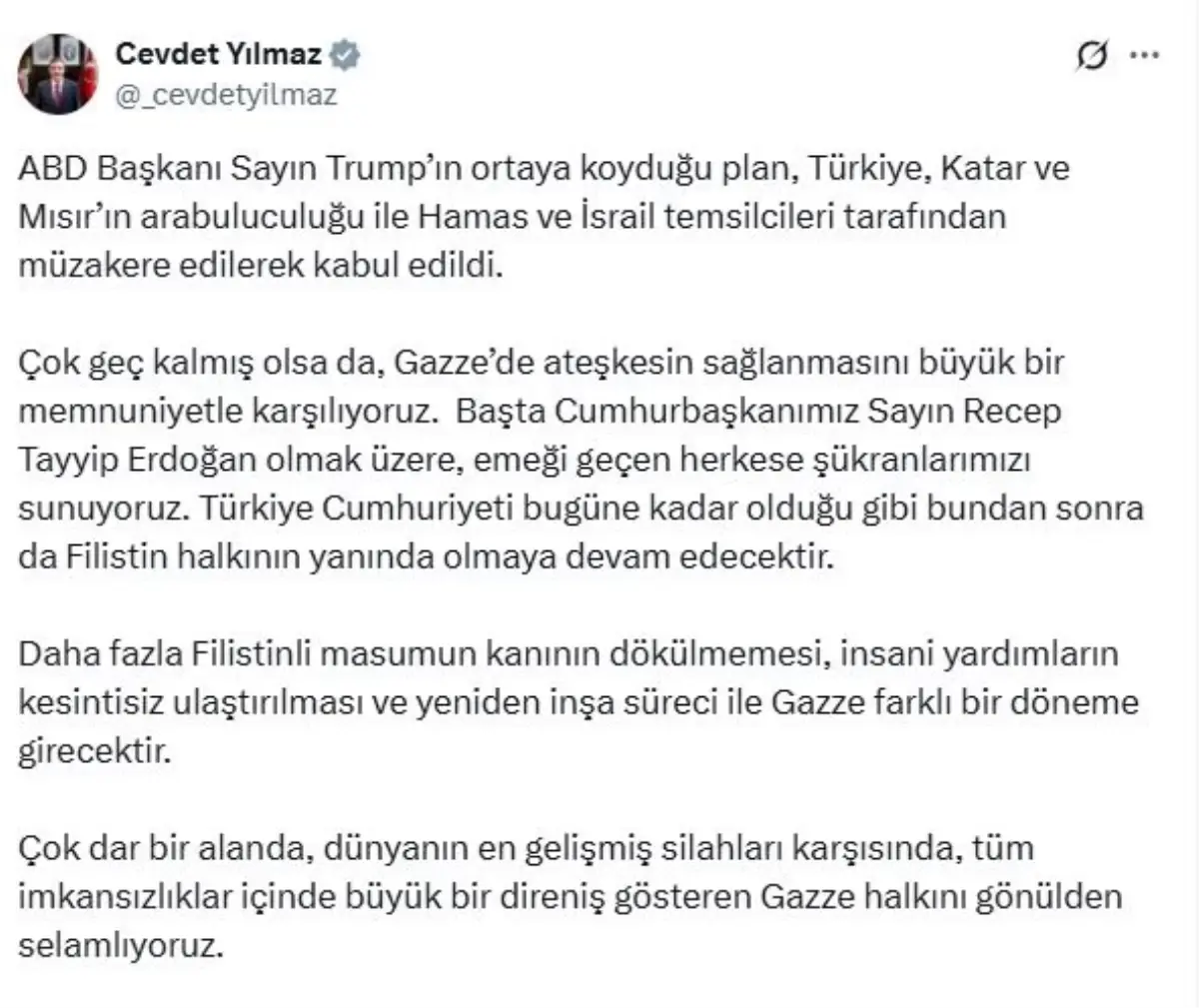 cevdet yilmaz gazzede ateskesin saglanmasini buyuk bir memnuniyetle karsiliyoruz lteIz5Cs